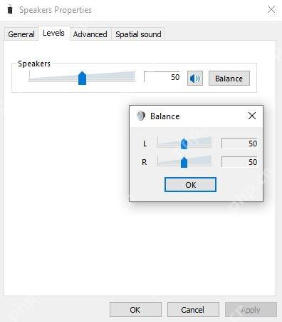 Win10 扬声器属性级别页中点击 Balance 调整左右声道