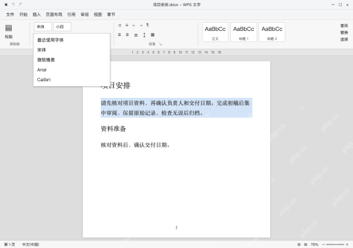 模拟 WPS文字 Windows电脑版完整界面:只选异常正文,查看字体列表