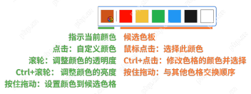 Windows 中文 PixPin 快速设置色板示意图展示当前颜色、自定义颜色和候选色板,证明做重点标记前可以先整理常用强调色