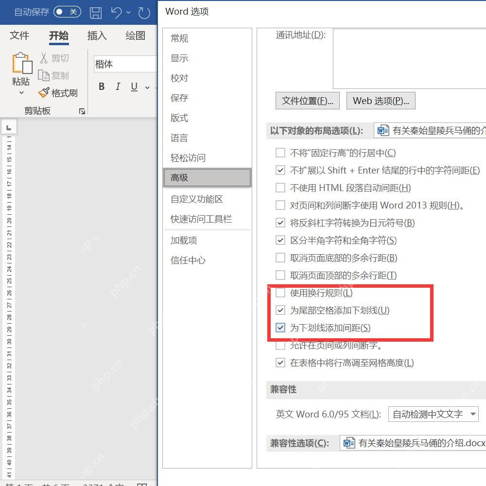 Word 选项高级设置中为尾部空格添加下划线和为下划线添加间距选项