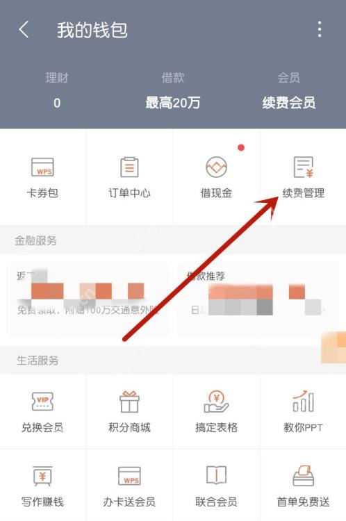 WPS我的钱包页面用红箭头标出续费管理入口