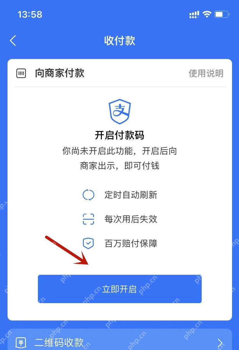 支付宝收付款页提示尚未开启付款码,点立即开启即可继续恢复