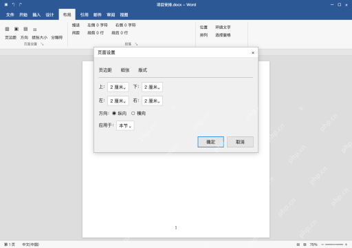 模拟 Microsoft Word 简体中文桌面版完整界面:在当前节检查页面参数与应用范围