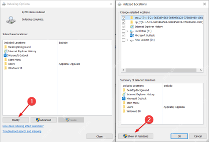 Win10 Indexed Locations 窗口中用复选框选择索引位置
