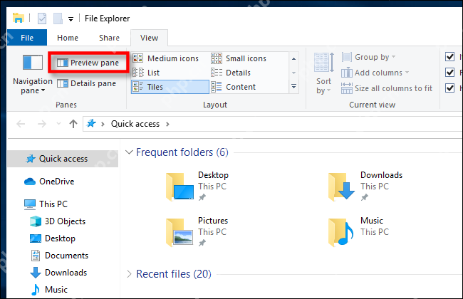 Win10 文件资源管理器 View 选项卡中 Preview pane 按钮被框出