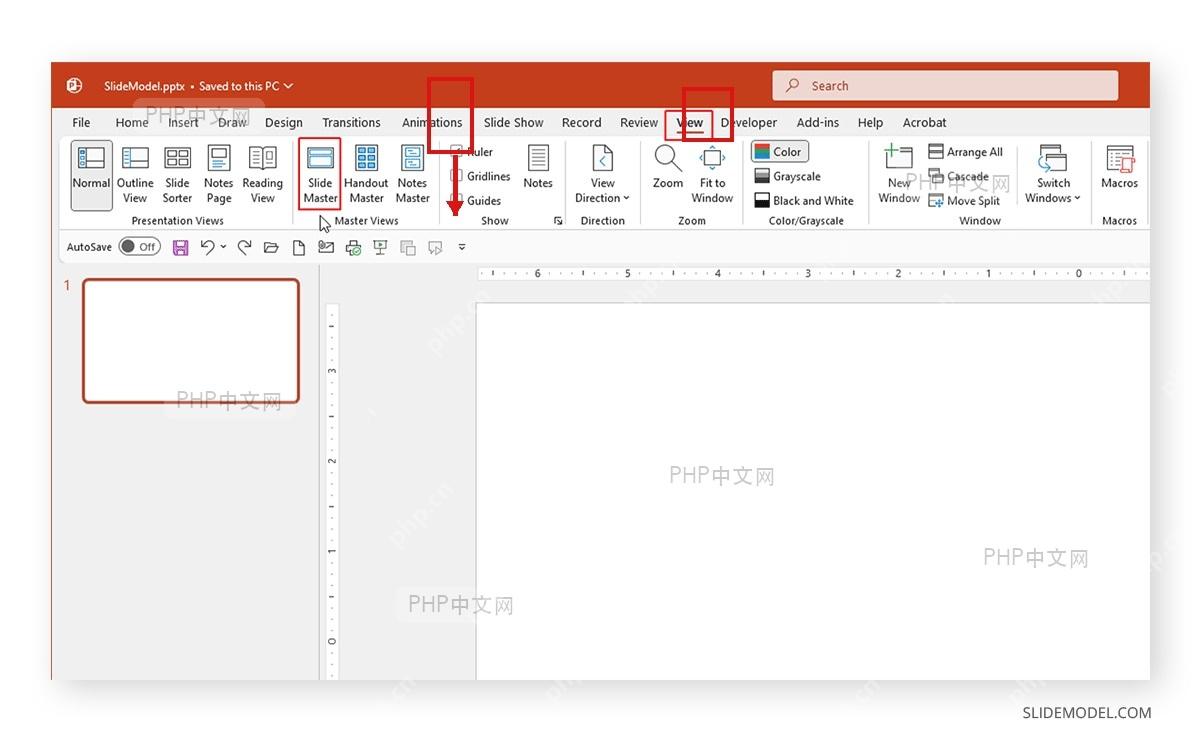 PowerPoint 视图选项卡中打开幻灯片母版入口