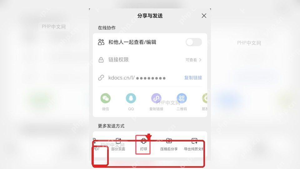 金山文档手机分享与发送面板下方的更多发送方式区域，包含PDF和其他文件输出入口