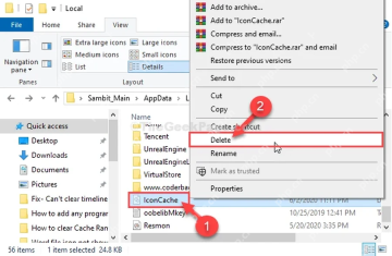 Win10 文件资源管理器中选中 IconCache 文件准备删除