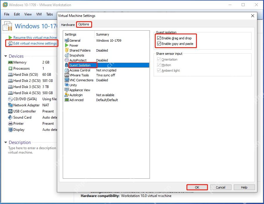 VMware Workstation Guest Isolation 页面显示拖放和复制粘贴选项