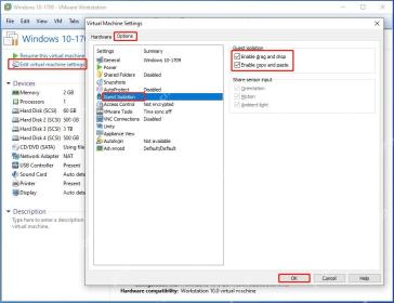 VMware Workstation Guest Isolation 页面显示拖放和复制粘贴选项