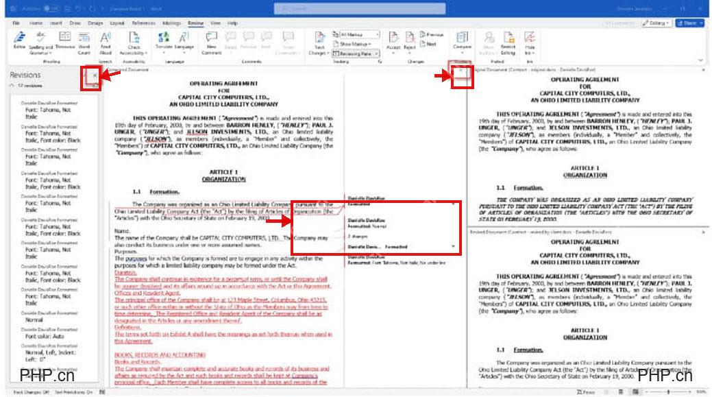 Word 文档比较结果界面中修订列表、合并视图和原修订文档对照区