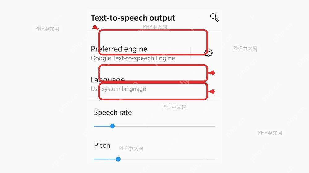 Android 文字转语音设置页,标出首选引擎、语言和语速入口,对应修复无声或异常停播这一步