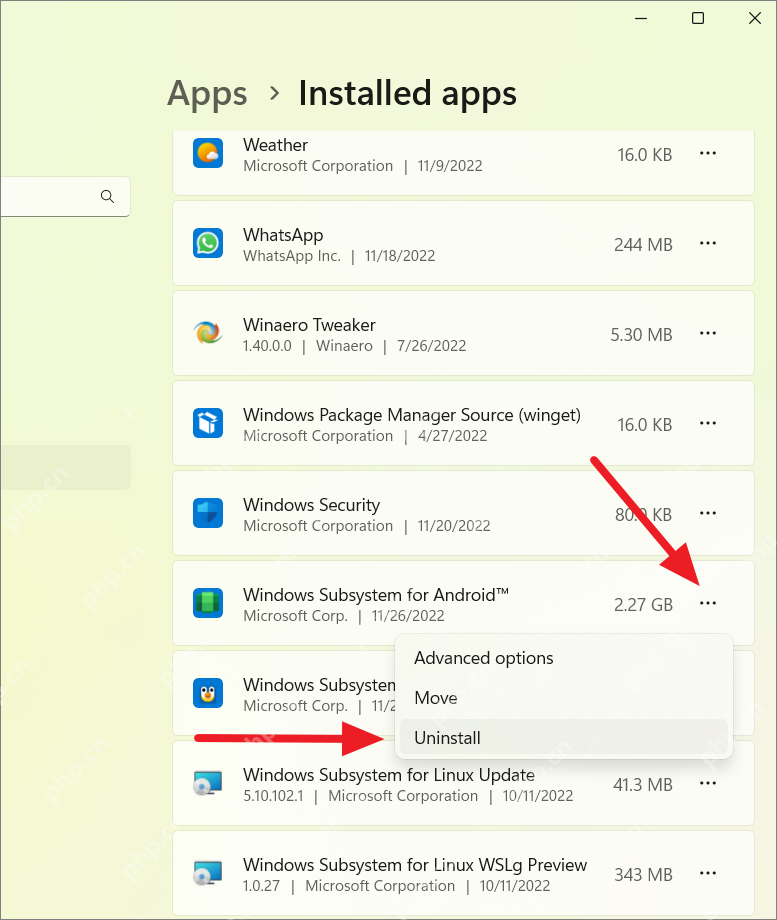 Windows 11 Installed apps 中 Windows Subsystem for Android 三点菜单显示 Uninstall