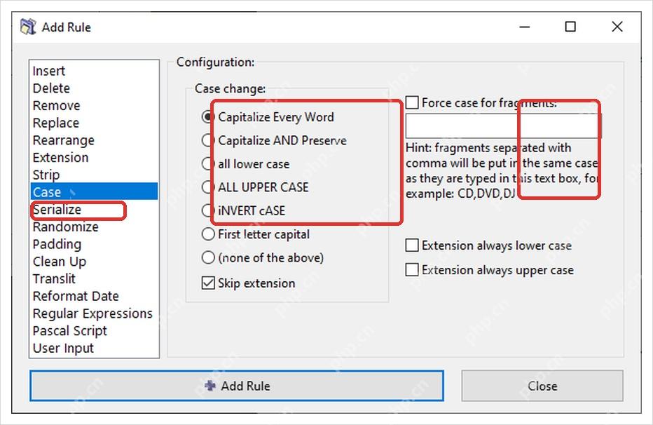 ReNamer Case 规则窗口显示 Case change 选项和 Skip extension。
