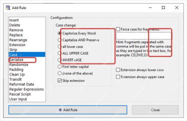 ReNamer Case 规则窗口显示 Case change 选项和 Skip extension。