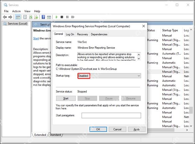 Windows 服务属性中将 Windows Error Reporting Service 启动类型设为 Disabled