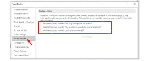 PowerPoint 信任中心的受保护视图设置，标出左侧受保护视图入口和右侧三个复选项