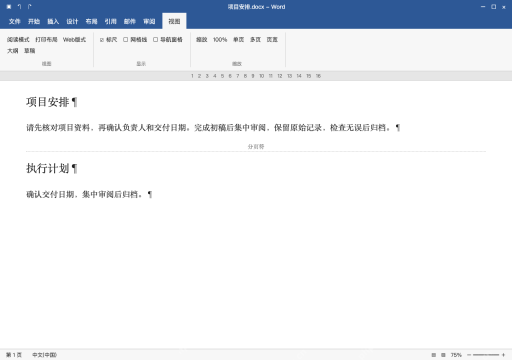 模拟 Microsoft Word 简体中文桌面版完整界面：显示标记，检查分页位置和最终输出