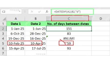 Excel DATEDIF 公式栏和结果区域，错误行显示 NUM 提示用于检查日期顺序