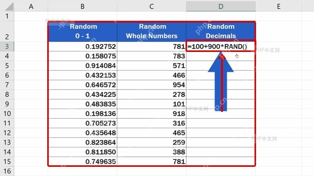 Excel 单元格输入 =100+900*RAND(),用 RAND 生成指定范围随机小数的步骤图