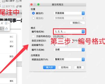 脚注和尾注窗口中调整编号格式起始编号和自定义标记