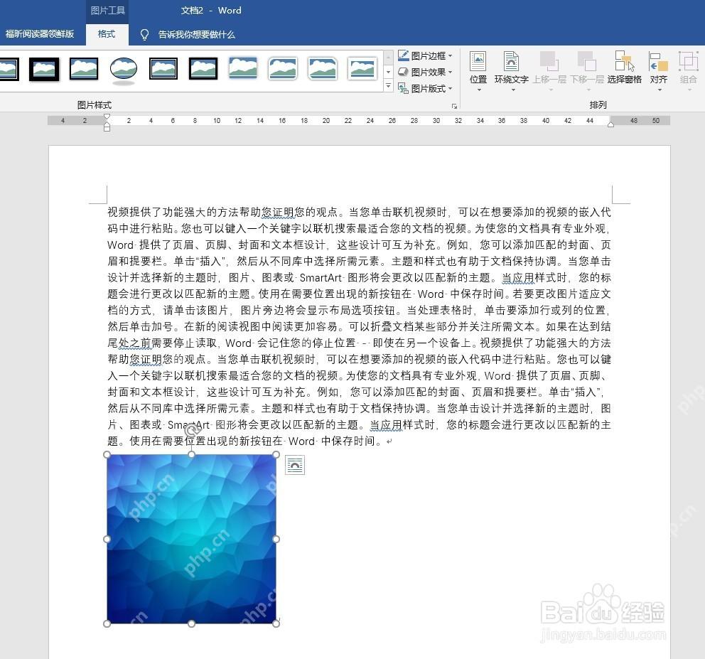 Word 中选中图片后出现图片工具和布局选项按钮,用于开始编辑图片