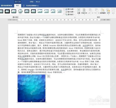 Word 中选中图片后出现图片工具和布局选项按钮，用于开始编辑图片