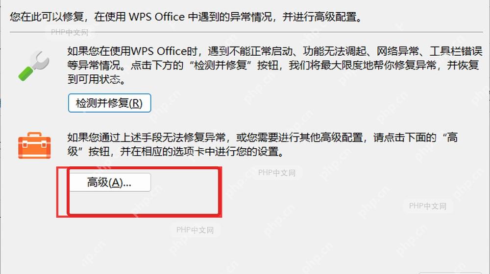 WPS Office 综合修复配置工具中的高级按钮入口