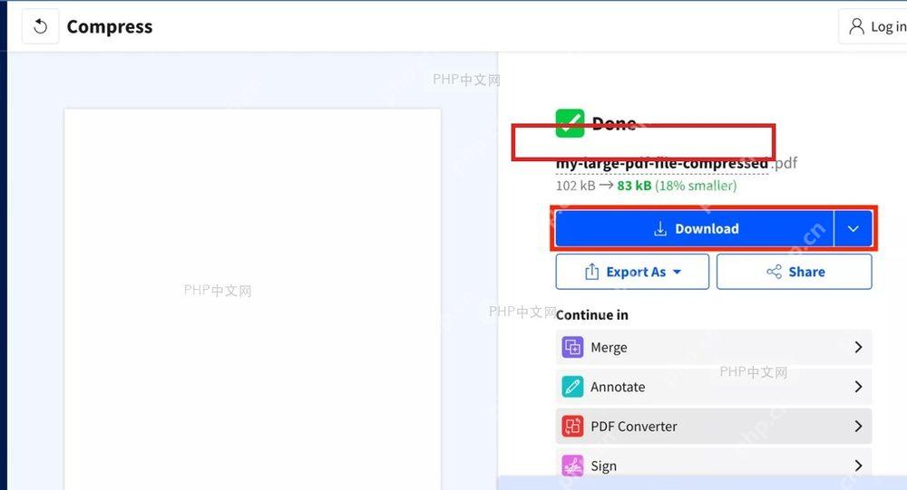 Smallpdf 压缩完成结果页,Done 状态、文件大小变化和 Download 按钮可见,服务于下载压缩后 PDF 步骤