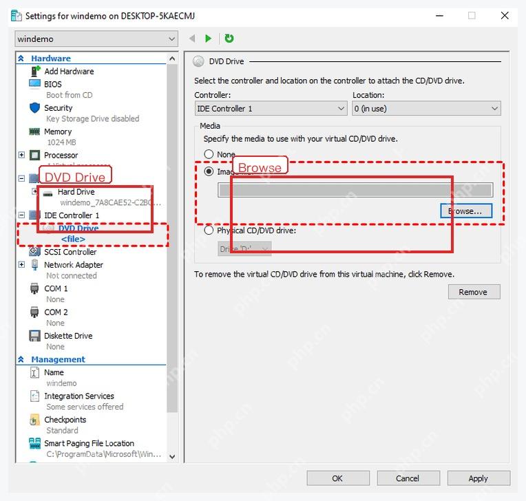 Hyper-V 设置中选择 Image file 并点击 Browse