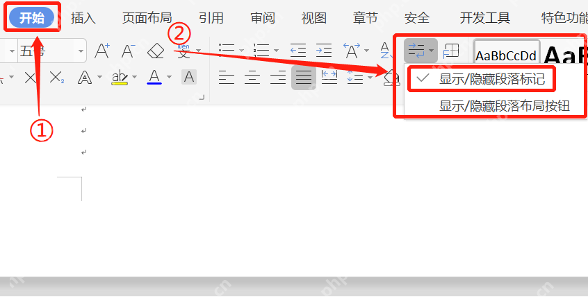 WPS文字开始选项卡中显示隐藏段落标记菜单