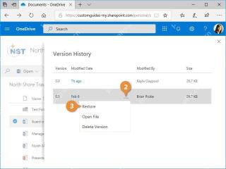 OneDrive 旧版本菜单中的 Restore