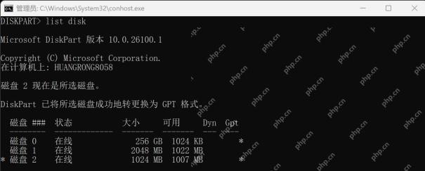 DiskPart 显示测试磁盘转换 GPT 成功且 Gpt 列出现星号