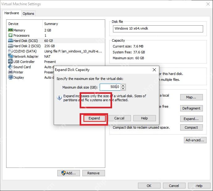 VMware Workstation Expand Disk Capacity 对话框填写新的最大磁盘大小