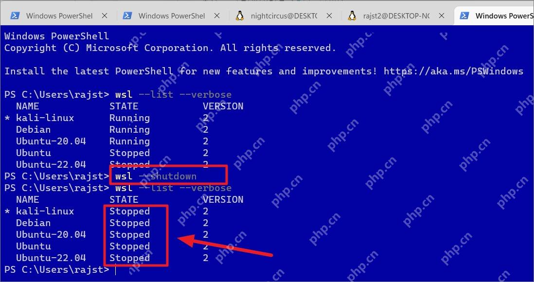 PowerShell 执行 wsl shutdown 后确认所有 WSL 发行版已停止