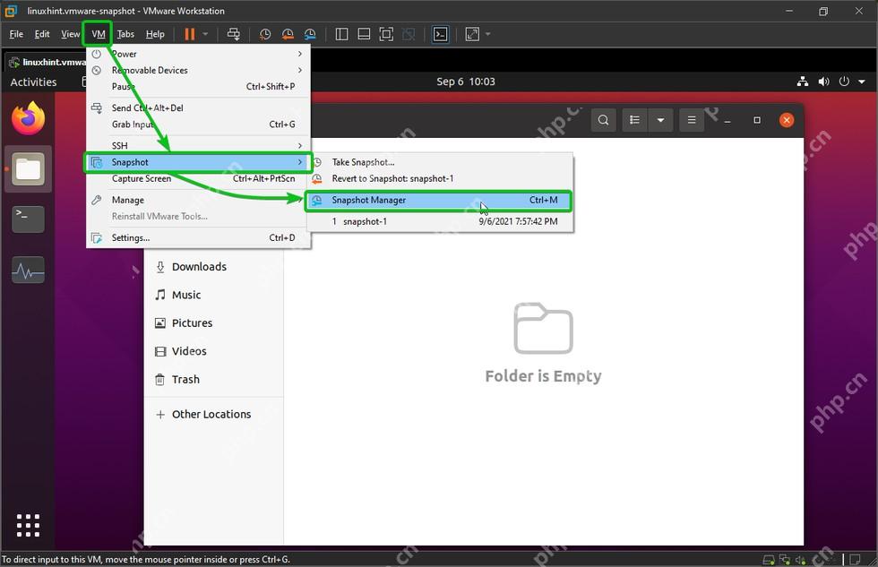 VMware Workstation VM 菜单中 Snapshot 子菜单显示 Snapshot Manager 入口