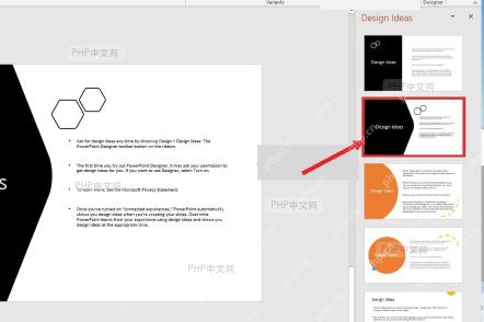PowerPoint 右侧 Design Ideas 窗格中的候选设计方案,服务于应用设计方案步骤