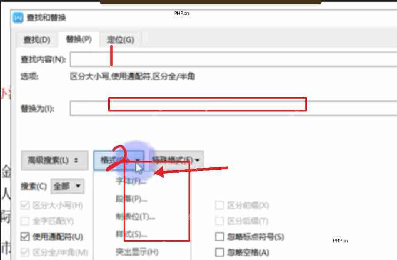 WPS 替换窗口中替换为空并打开特殊格式选项