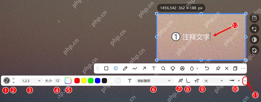 Windows 中文 PixPin 序号工具栏显示编号样式、颜色、大小和导向线设置,证明截图后连续加序号要先从序号工具开始