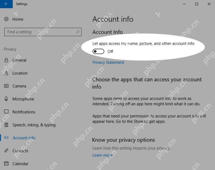 Win10 Account info 页面显示 Let apps access account info 已关闭