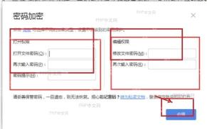 WPS 表格密码加密窗口，打开权限和编辑权限输入框被标出，服务于填写密码步骤