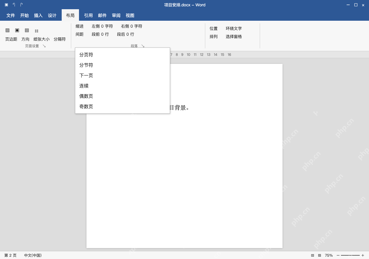 模拟 Microsoft Word 简体中文桌面版完整界面:在正文前建立下一页分节