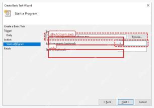 Windows 电脑端任务计划程序里设置 shutdown.exe 和 -s 参数的位置