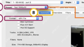 HandBrake Summary 页 Format 下拉框选择 MP4