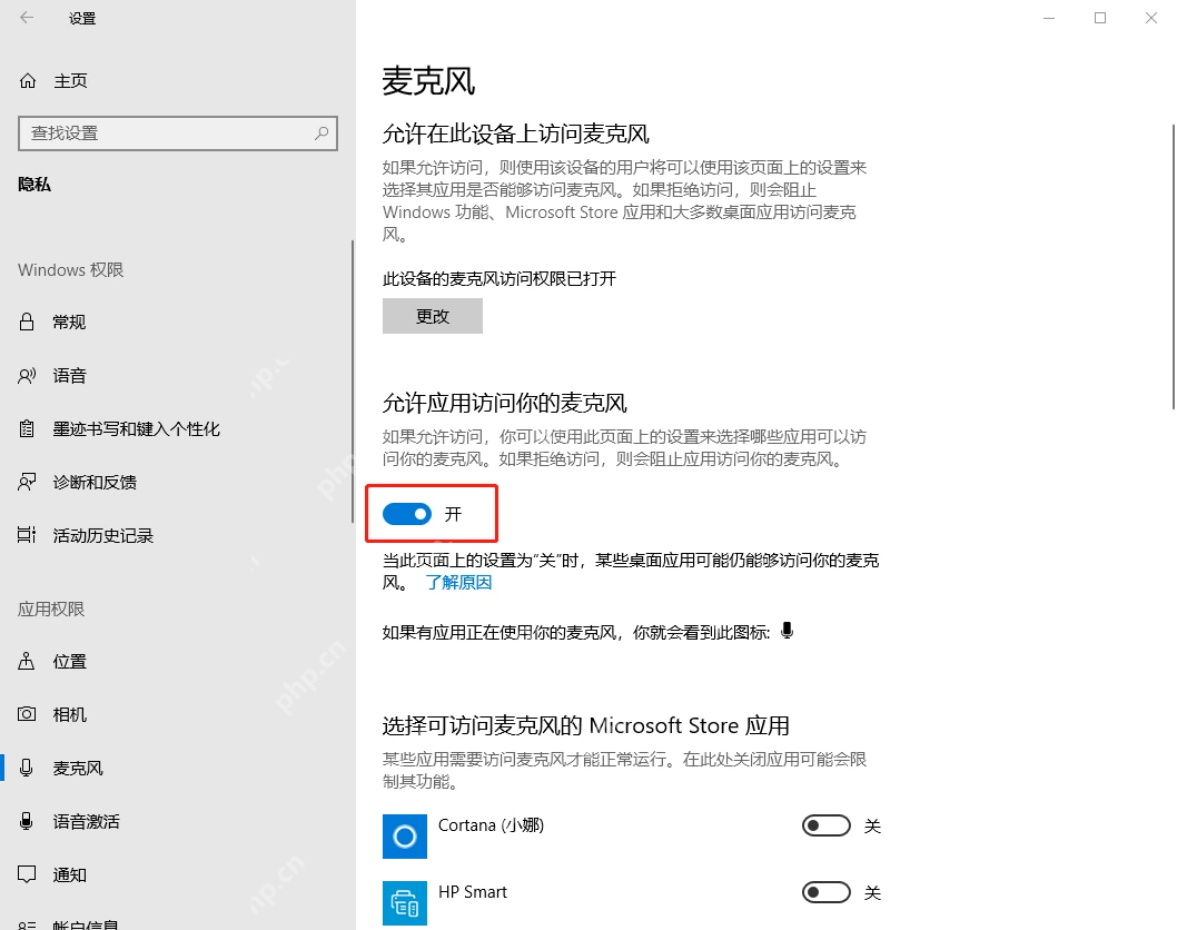 Windows10 隐私麦克风页面中允许应用访问麦克风开关