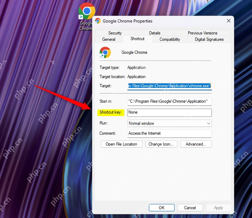 Windows 11 快捷方式属性窗口显示 Shortcut key 字段和 OK 按钮。