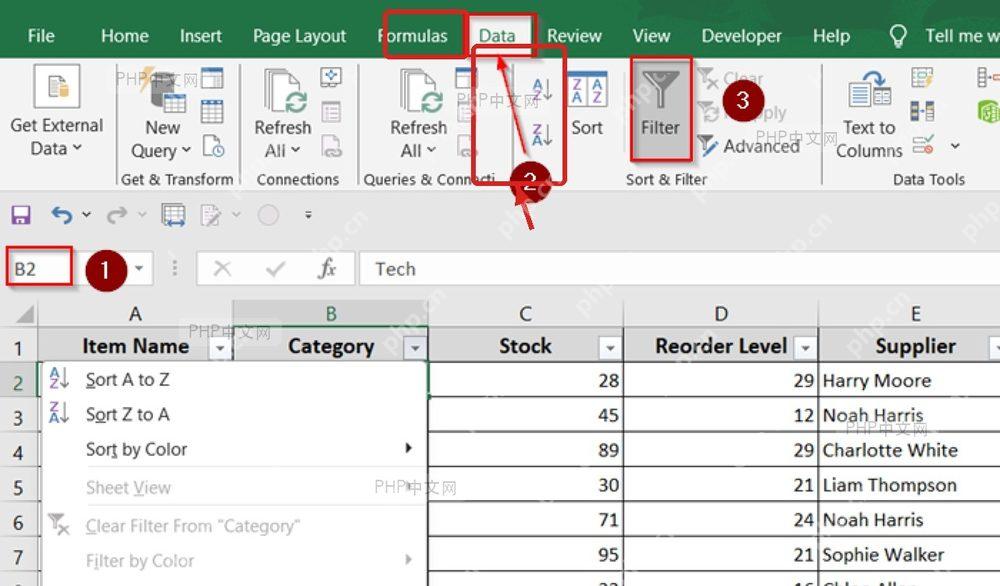 第二步:Excel 的 Data 选项卡中点击 Filter 按钮,为表头开启筛选器