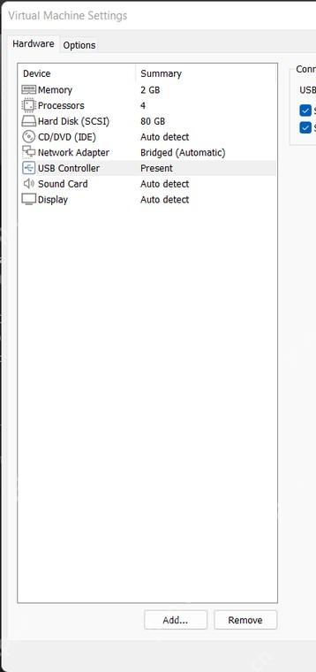 VMware Workstation Virtual Machine Settings 左侧硬件列表和底部 Add 按钮用于添加 USB Controller