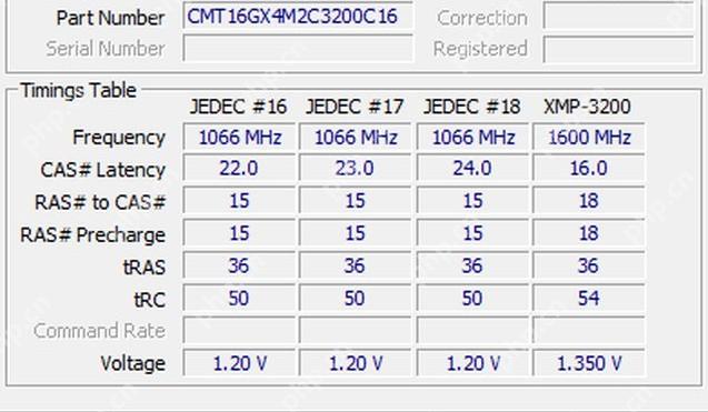 CPU-Z SPD 页面 Timings Table 显示 JEDEC 和 XMP 频率时序电压