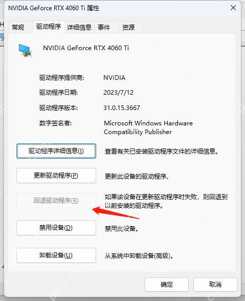 Windows 显卡属性窗口的驱动程序选项卡